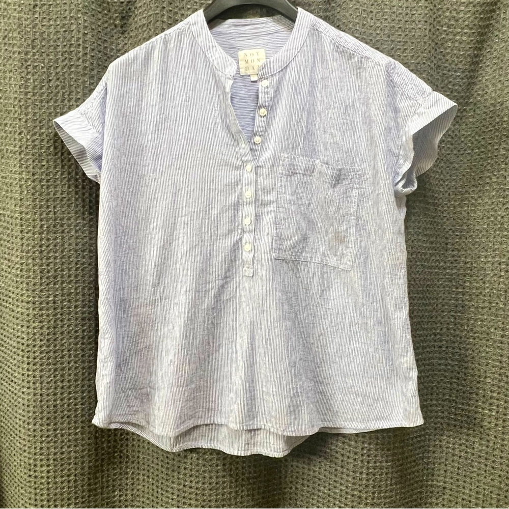 Not Monday Womens London Short Sleeve Blouse Top Blue White Micro Stripe Large